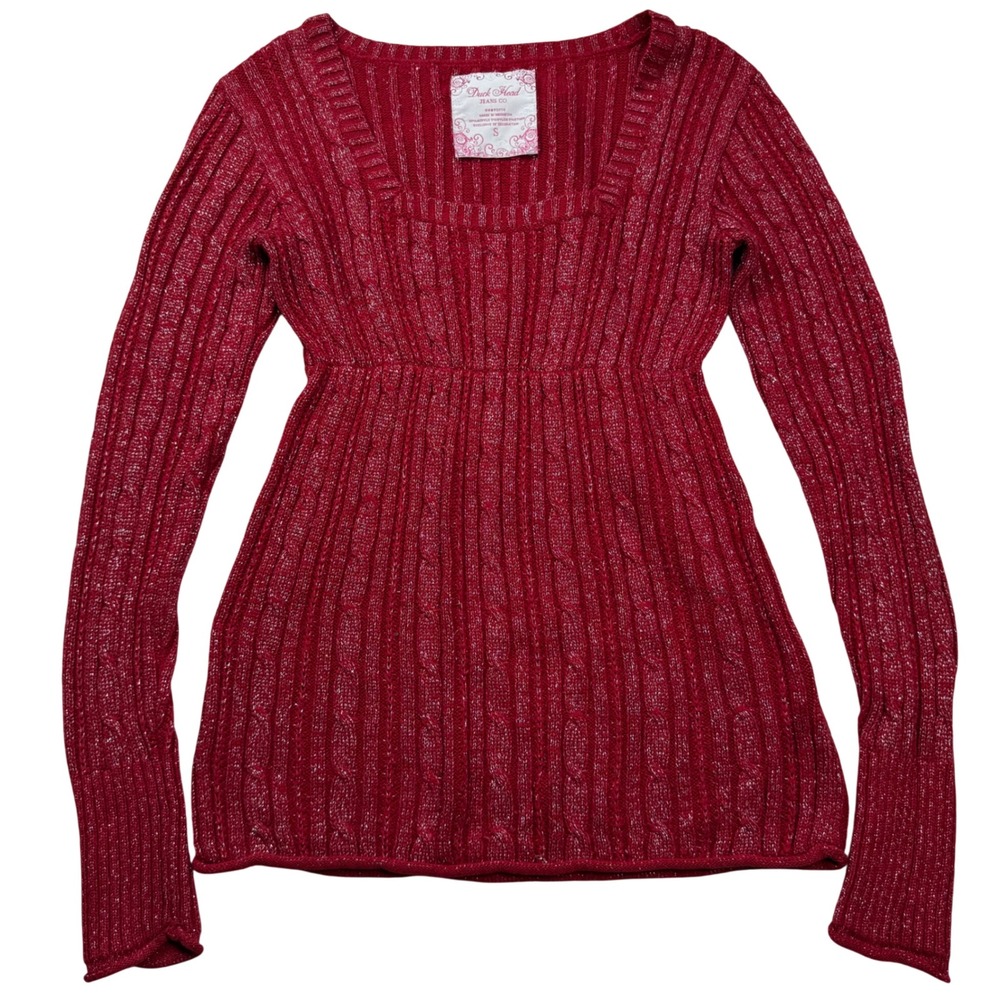 VTG Y2K Duck Head Red Metallic Cable Knit Babydoll Square Neck Sweater S Bella